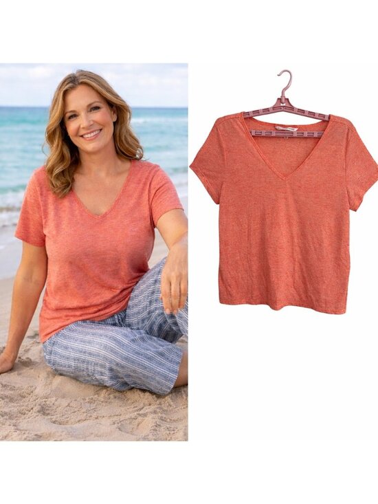 Victoria's Secret Tops - Victoria's Secret Coral V-Neck T-Shirt M Polyester/Linen Blend Beachy Vacation